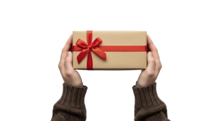 Human Hands Presenting Christmas Gift Box with Red Ribbon and Bow on a Transparent Background PNG Image