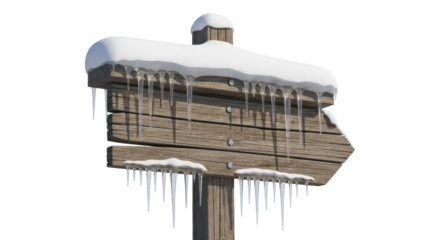 Snowy wooden arrow signpost with icicles on a transparent background PNG image