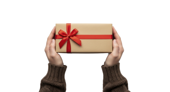 Human Hands Presenting Christmas Gift Box with Red Ribbon and Bow on a Transparent Background PNG Image