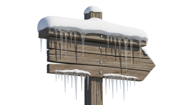 Snowy wooden arrow signpost with icicles on a transparent background PNG image