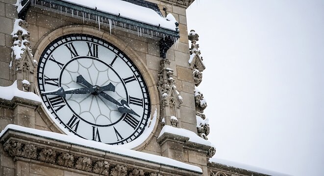 Grand clock tower face covered in snow and icicles on a cold winter day