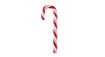 Single classic red and white striped candy cane on a transparent background, PNG image