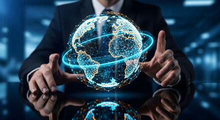 Businessman in suit controlling a futuristic glowing digital world globe hologram with hands on reflective table symbolizing global business and networking