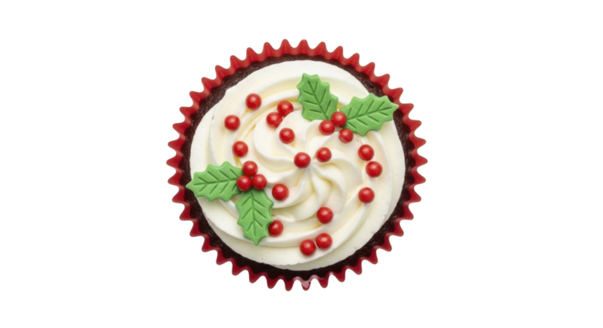 Christmas Cupcake with Holly Leaves and Red Berries on White Frosting, PNG Image on a Transparent Background, PNG File