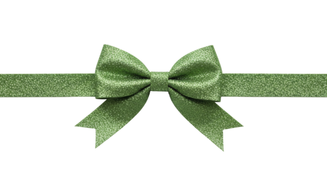 Green sparkly Christmas gift bow with glitter ribbon on a transparent background, PNG image