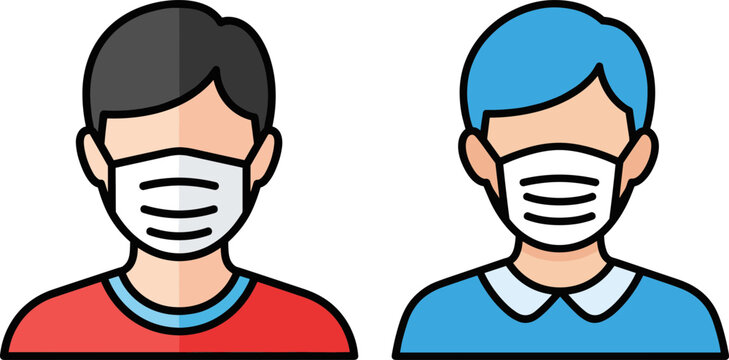 Two people wearing face masks, one with dark hair and red shirt, another with blue hair and light blue shirt, isolated on a transparent background - Powered by Adobe
