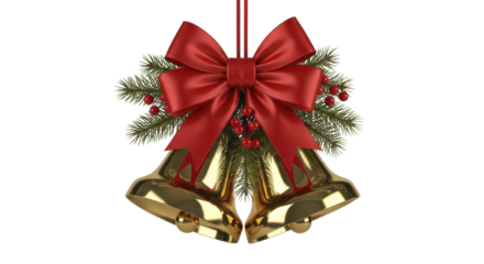 Golden Christmas bells with red bow and pine branches on a transparent background, PNG image