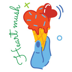Hand Holding Ice Cream Cone Shaped Like a Heart With Sprinkles And Red Heart Topping With Green Calligraphy Text Heart Mush And Blue Circles On Transparent Background