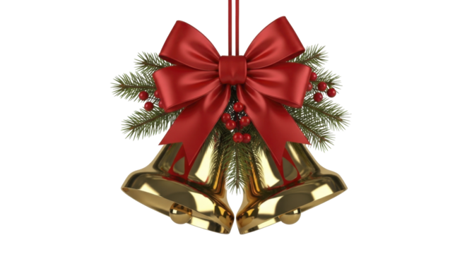 Golden Christmas bells with red bow and pine branches on a transparent background, PNG image