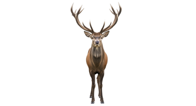  Majestic Red Deer Stag with Large Antlers Standing Proudly Facing Forward on a Transparent Background PNG Image PNG File