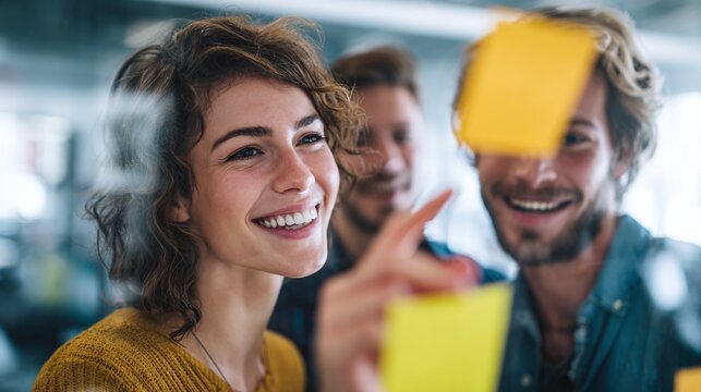 Three people collaborating on a glass board with yellow sticky notes in a modern office space