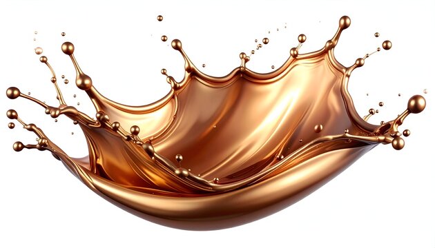 Fluid dynamic image of a metallic splash, golden and reflective against white