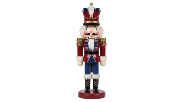 Traditional wooden Nutcracker soldier figurine standing upright on a transparent background PNG image PNG file