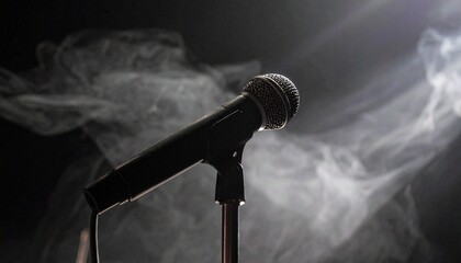 Microphone on stand with smoke.