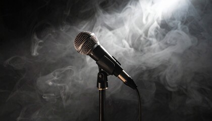 Microphone on stand in smoke background.