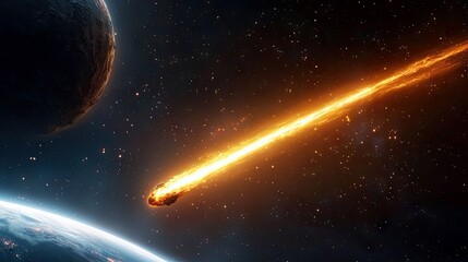 A bright, fiery meteor with a long tail of flames streaks through the dark expanse of space, passing near two planets and a field of stars. The scene is dramati