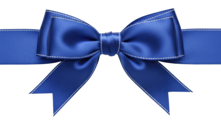 Blue satin ribbon bow with white stitching on a transparent background PNG image PNG file