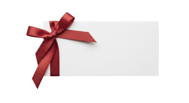 Blank white Christmas gift tag with red ribbon bow, on a transparent background, PNG image