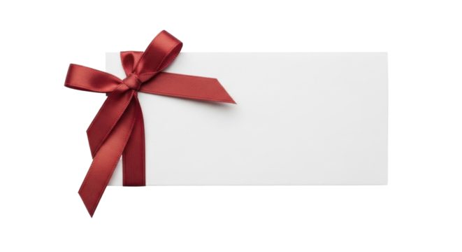 Blank white Christmas gift tag with red ribbon bow, on a transparent background, PNG image - Powered by Adobe