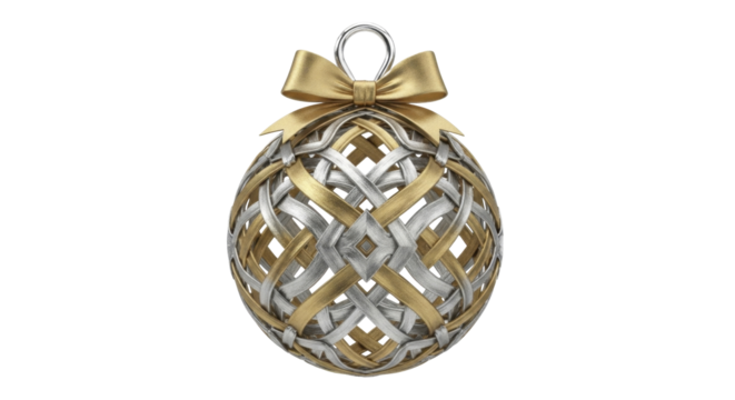 Elegant gold and silver interwoven Christmas ornament with festive ribbon bow on a transparent background PNG image PNG file