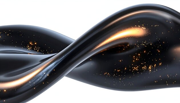 Dark, glossy ribbon-like form twists against a white backdrop, with sparkling highlights