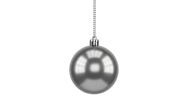 Silver Christmas ornament ball hanging on a transparent background, PNG image, PNG file