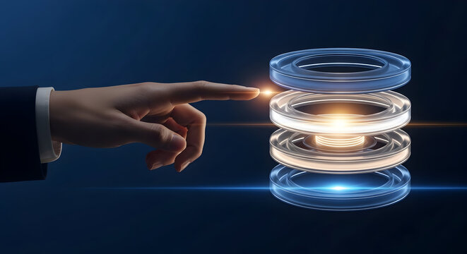 Businessman hand touching a futuristic glowing digital database stack symbolizing cloud storage and big data server infrastructure