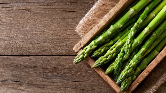 A close-up shot of fresh green asparagus spears neatly arranged in a rustic wooden crate, placed on a textured wooden surface with a burlap cloth underneath. Th - Powered by Adobe