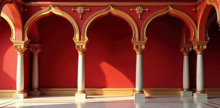 Majestic golden arches & pillars surround a rich red palace wall; luxurious interior glimpsed , palace, india