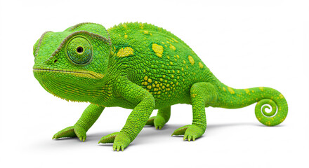 Fototapeta premium Vibrant green chameleon stands brightly illuminated by soft studio light against a clean white backdrop. AI Generated