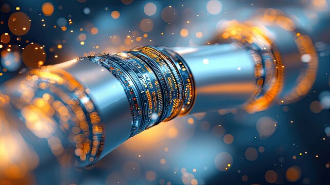 A close-up, abstract view of a futuristic cylindrical object with intricate circuitry and glowing orange lights, set against a dark, bokeh-filled background. - Powered by Adobe