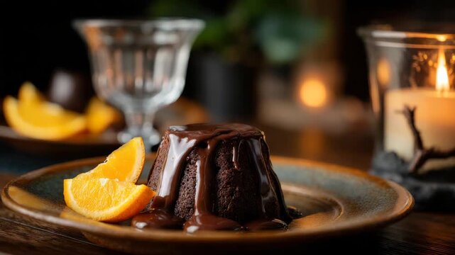 Chocolate lava cake with orange slices on plate with candle light