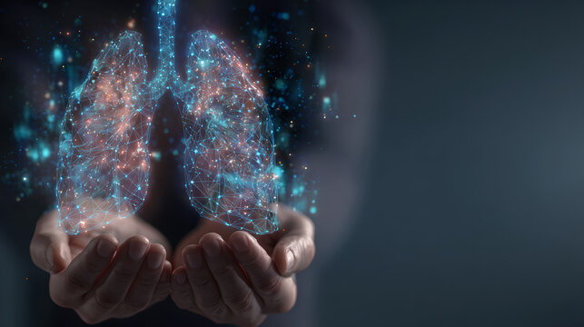 Cupped hands protecting glowing futuristic digital lung holographic interface.