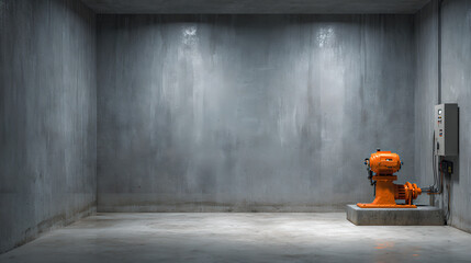 Orange industrial sewage pump machine installed in concrete room.