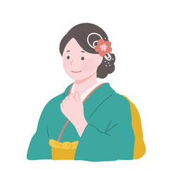 フラットイラスト　緑の和服の女の子