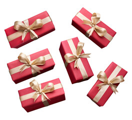 multiple red rectangular christmas gift boxes dynamically arranged with elegant gold striped wrapping and silk bows, isolated on a clean transparent background.