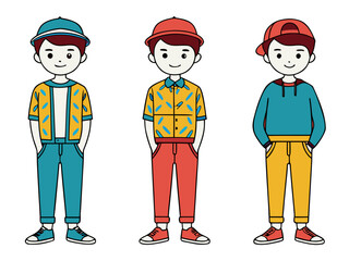 Young boys character set with diverse casual outfits and headwear, standing in a row, featuring colorful fashion styles, flat vector illustration for youth and kids design projects