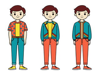 Three cartoon boys in vibrant 80s retro casual outfits. features: polka-dot shirt, open jacket, zipped jacket. standing side-by-side on white background. youth fashion illustratio