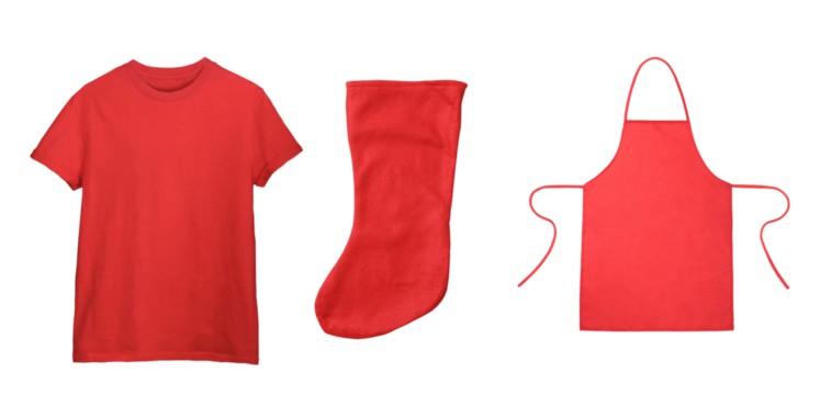 set of three blank red textile items: crew neck t-shirt, fuzzy christmas stocking, and kitchen cooking apron isolated on transparent background.
