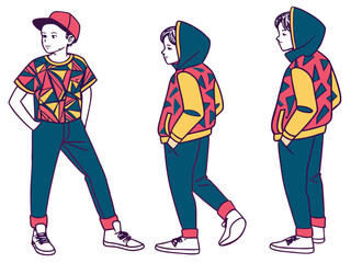Stylish young person showcasing modern casual streetwear fashion in various poses, featuring a vibrant geometric patterned shirt and hoodie, teal pants, and red cap, isolated vector illustration.