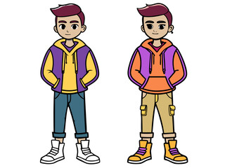 Two distinct cartoon boys in vibrant hoodies, jeans, and cargo pants, showcasing individual casual fashion styles. youthful characters standing together in simple vector illustration.