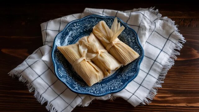 Three delicious tamales on a decorative plate with tablecloth background