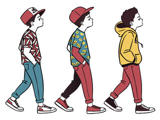 Boys Walking Side View in Casual Fashion &ndash; Flat Vector Illustration