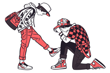 Obraz premium Young man kneeling to assist a friend with his shoe, embodying supportive friendship and modern streetwear style in a vibrant, stylized line art illustration representing youth culture.