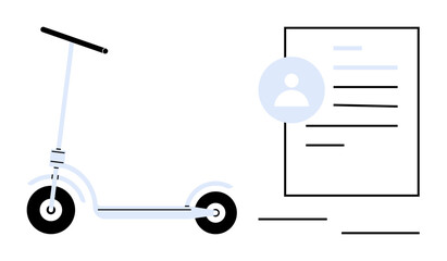 Fototapeta premium Electric scooter and document with user profile highlighting urban transport, safety compliance, and eco-friendly commuting. Ideal for mobility services, city travel, personal data, technology