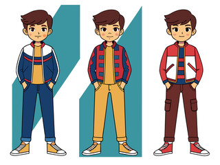 Three cheerful cartoon boys standing confidently with hands in pockets, each displaying unique casual jacket outfits and diverse fashion styles, in a vibrant, clean illustration.