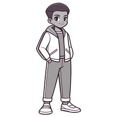 Stylish young african american boy in a casual outfit, wearing a jacket, hoodie, and sneakers, standing confidently with hands in pockets, a full-body cartoon vector illustration on white background.