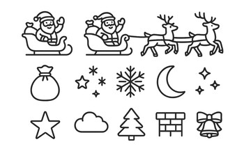 Fototapeta premium Santa Sleigh Icon Set. Santa Waving from Sleigh. Line outline icon set of Santa Waving from Sleigh: Santa