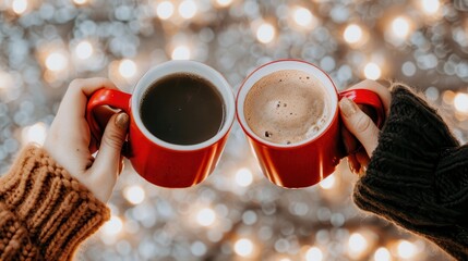 Cozy moment: Two hands holding red coffee mugs, clinking against festive bokeh lights.