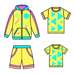 Nostalgic 80s 90s style sportswear collection vector illustration featuring vibrant yellow, magenta, and cyan athletic wear including a zip-up hoodie, shorts, and graphic t-shirt designs.